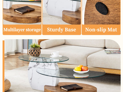 Contemporary Artistic Double Layer Coffee Table, Tempered Glass Top