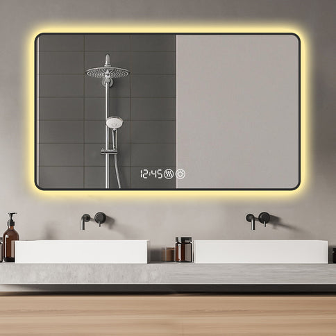 Wall Mirror With Rounded Corners, Temperature Display, Tri-Color Light, Defogging