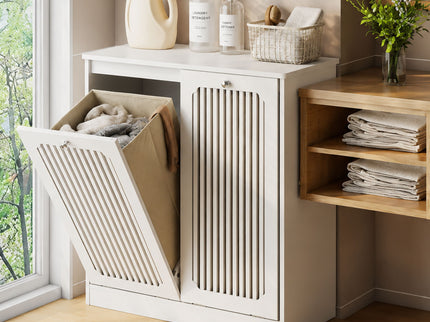 Louvered Flip Top Laundry Cabinet With Dual Fabric Baskets - White