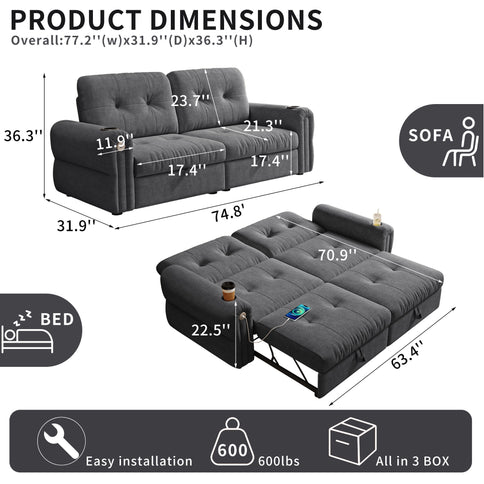 2 In 1 Convertible Sofa Bed For Living Room - Dark Gray - Fabric
