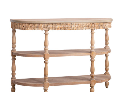 Handcrafted Console Table With Hand Woven Trim, 3 Tier Storage Shelves - Natural