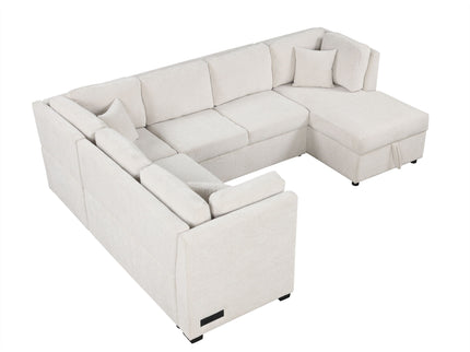 U-Shaped Sectional Sofa Pull Out Sofa Bed With Two USB Ports, Two Power Sockets, Three Back Pillows And A Storage Chaise For Living Room