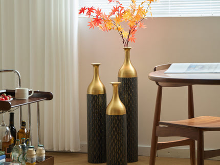 Elegant Floor Vase Set Metal Decorative Vases 3 Piece Set For Floral Display, Wedding & Gift Decor - Gold / Black