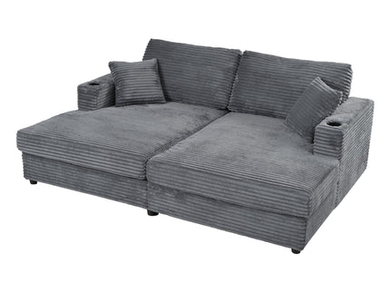 Oversized Loveseat Chaise With 2 USB Ports, 2 Cup Holders And 2 Throw Pillows