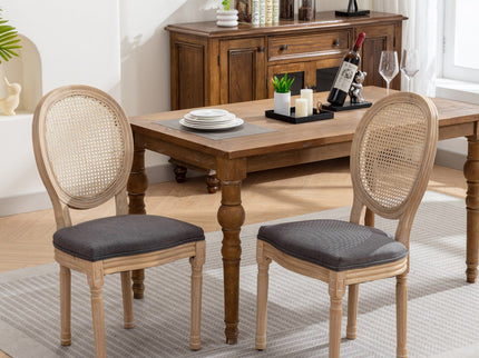 French Style Solid Wood Frame Antique Painting Fabric Rattan Back Dining Chair (Set of 2)