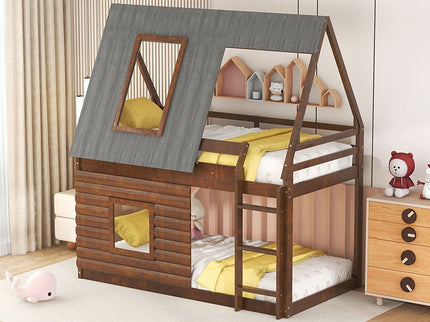 Wood Twin Size House Bunk Bed With Roof, Ladder And 2 Windows - Oak & Smoky Gray