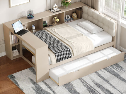 Upholstered Headboard Platform Bed With Storage Shelves, Trundle, Charging Station