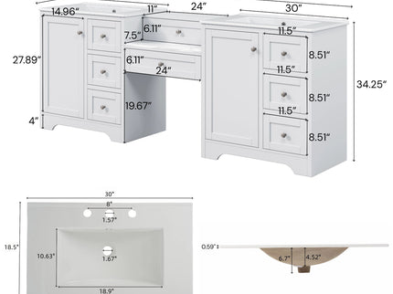 Double Sink Bathroom Vanity With Countertop, 2 Ceramic Sinks, 6 Drawers, Soft Close Design