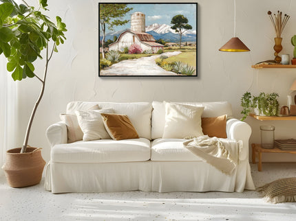 Framed Canvas Wall Art Beautiful Field Painting Wildflower Barn Print Nature Scenery Picture For Home - Blue / Pink