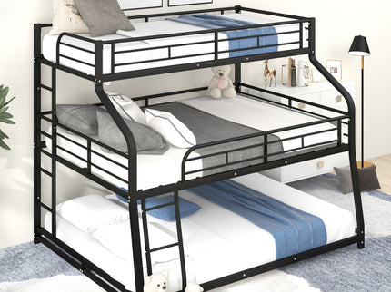 Twin Long / Full Long / Queen Triple Bunk Bed With Long And Short Ladder And Full-Length Guardrails - Black