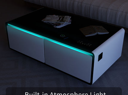 Modern Smart Coffee Table With Built-In Fridge, tooth Speaker, Wireless Charging Module, Touch Control Panel, Power Socket, USB Interface, Outlet Protection, Atmosphere Light