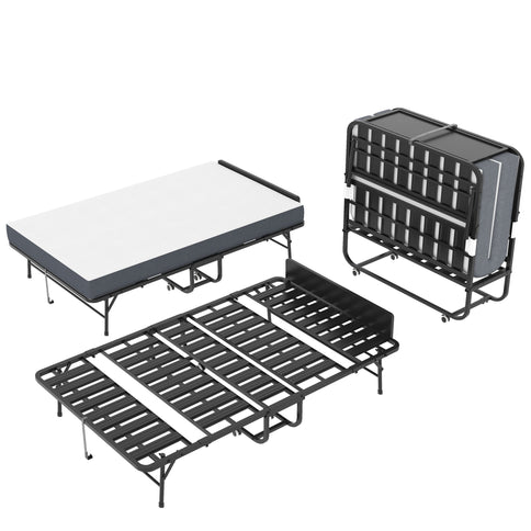 Twin Adjustable Headboard Folding Bed With Memory Foam Mattress, Heavy-Duty Frame Cot For Tall People, Portable Guest On Wheels - Black
