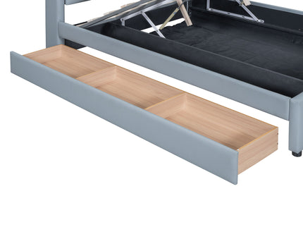Upholstered Mother & Child Bed With Hydraulic Storage System, Drawer Box, Bedhead Storage Shelf And 2 Pairs Of Sockets & USB Ports