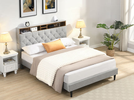 Modern Upholstered Platform Bed Frame With Button Tufted Headboard And USB Ports