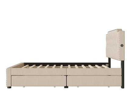 Upholstered Platform Bed With 2 Drawers And 2 Sets Of USB Ports On Each Side, Fabric