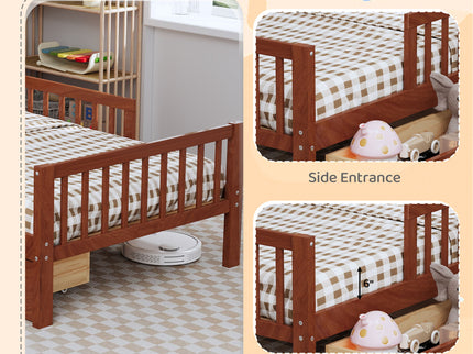 Bed With Headboard Storage Rack, 2 Under Bed Drawers, 3 Side Guardrails For Safety