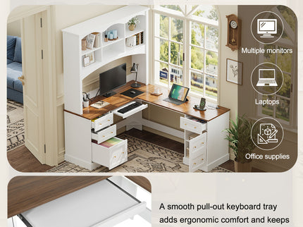 Space Saving L-Shaped Computer Desk With Keyboard Tray & Charging Stations