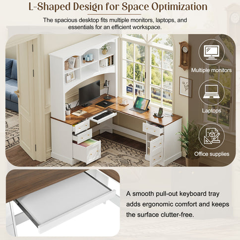 Space Saving L-Shaped Computer Desk With Keyboard Tray & Charging Stations