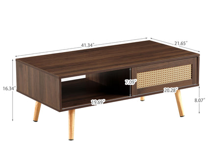 41.34" Rattan Coffee Table, Sliding Door For Storage, Solid Wood Legs, Modern Table For Living Room