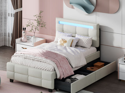 Upholstered Platform Bed With LED Frame, With Trundle And 2 Drawers