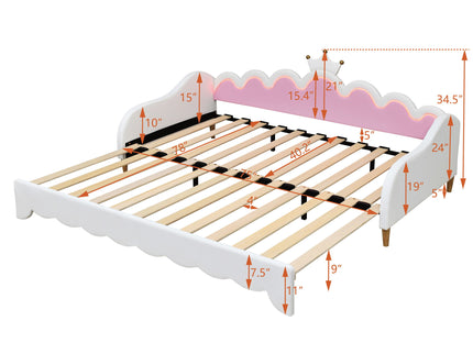 Extending Daybed With LED Lights, Modern Upholstered Princess Daybed With Crown Headboard