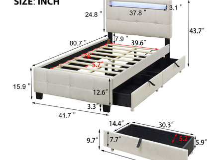 Upholstered Platform Bed With LED Frame, With Trundle And 2 Drawers
