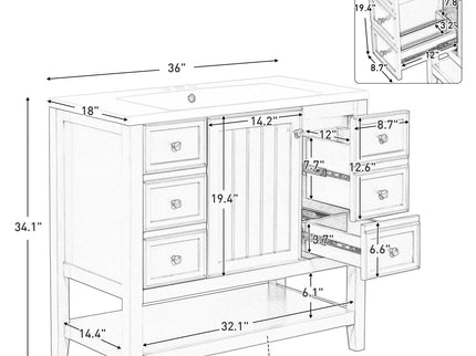 36" Bathroom Vanity & Sink, 2 Cabinet And 3 Drawers - Black