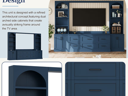 Arched Entertainment Center Wall Unit With 6 Drawers, Large TV Stand With Bookshelves