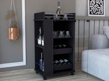 Bar Cart With Glass Door, 2 Side Shelves And Casters - Black