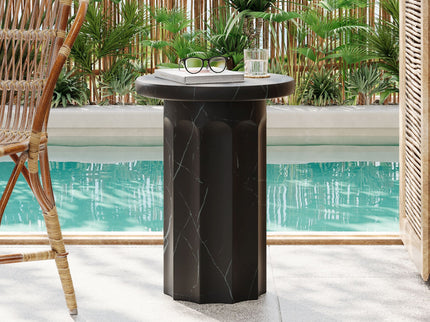 Outdoor Lightweight Concrete BMarble Effect Side Table, Living Room End Table - Black / Marble