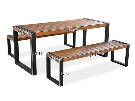 3 Pieces Outdoor Dining Table With 2 Benches, Patio Dining Set With Unique Top Texture, Acacia Wood Top & Steel Frame, All Weather Use, For Outdoor & Indoor - Natural