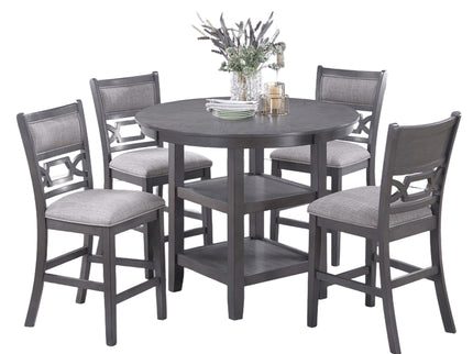 5 Piece Counter Height Dining Set With Storage Shelves Round Table And Upholstered High Chairs - Gray