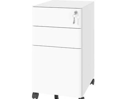 3-Drawer Mobile File Cabinet With Lock, On Wheels, Two Shallow & One Deep Drawer For Office/Home, Fully Assembled - White