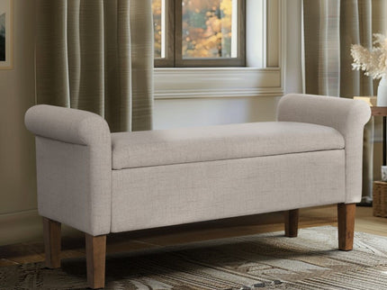Upholstered Storage Bench With Rolled Armrests - Beige