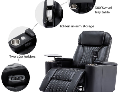 270° Power Swivel Recliner Home Theater Chair With Hidden Arm Storage, LED Light, Cup Holder, And Tray Table