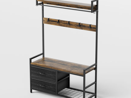 Hall Tree With 2 Movable Drawers, Shoe Storage, Shelves, Garment Racks, And 23 Hooks For Entryway - Rustic Brown