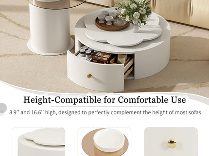 Modern Round Coffee Table (Set of 2), 360 Degree Rotatable Flower Shaped Top With 2 Drawers, Top Circle Side Table End Table With Glass For Living Room - Off White