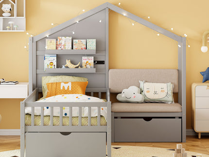 House Bed With Upholstered Sofa, Wireless Charging Station, Shelves And 2 Drawers