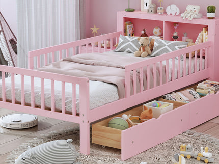 Bed With Headboard Storage Rack, 2 Under Bed Drawers, 3 Side Guardrails For Safety