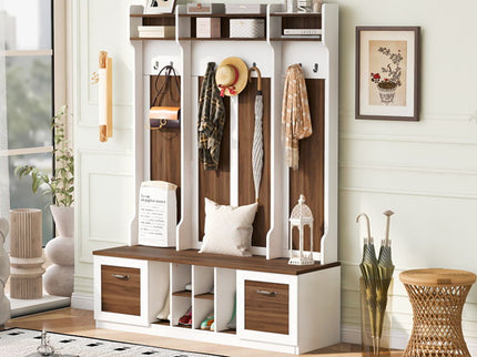 5 In 1 Entryway Bench With Coat Rack, 7 Sturdy Hooks, 2 Spacious Drawers And Adjustable Shelves