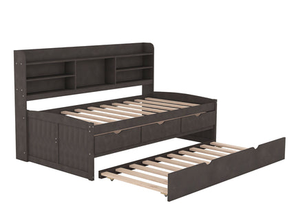 Captain Bed With Built In Bookshelves, 3 Storage Drawers, And Trundle