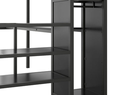 Full Size Loft Bed With Desk, Storage Staircase, Small Wardrobe And LED Light - Black