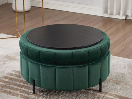 Upholstered Round Ottoman With Reversible Lid, Channel Tufted Pumpkin Shape