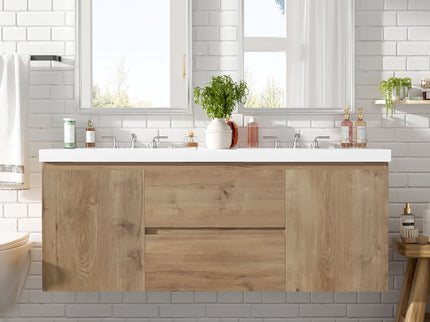 Double Sink Bathroom Vanity, Cabinet & Soft Close Doors, Divided Drawers, Wall Mounted Storage - Wood