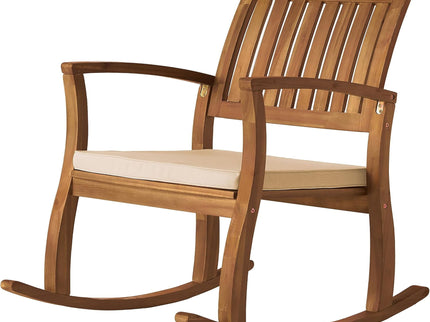 Acacia Wood Outdoor Patio Rocking Chair With Cushion (Set of 2) - Natural / Cream