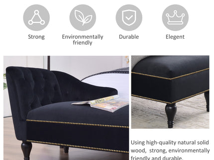 Velvet Chaise Lounge, Button Tufted Right Arm Facing Lounge Chair With Nailhead Trim For Living Room - Black
