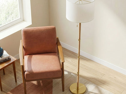 Stellar - Linen Shade Floor Lamp - Gold / Natural Wood / Rattan / White