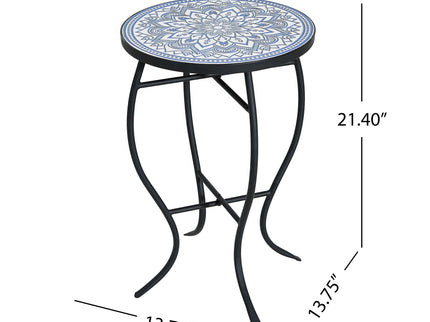 Outdoor Round Side Table With Mosaic Style Top And Curved Iron Legs