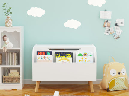 Toy Box With Front Bookshelf, Flip Top Lid, Safety Hinge For Kids Room Organization - White