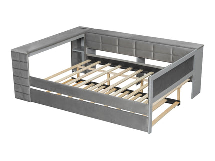Upholstered Platform Bed With Storage Shelves, Desk, Charging Station And Trundle